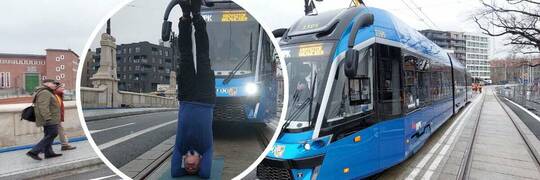 Kierownik projektu stanął na głowie. Pierwsze tramwaje już na moście Pomorskim [ZDJĘCIA, WIDEO]